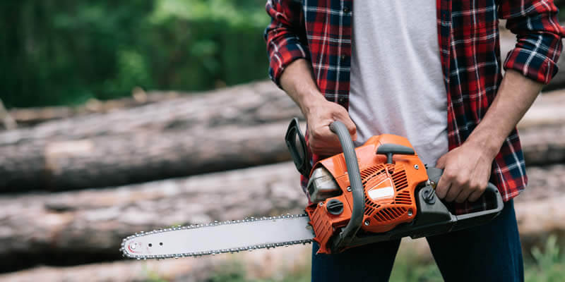 man cutting down tree with a chainsaw