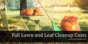 raking leaves near a table with pumpkins in fall cleanup